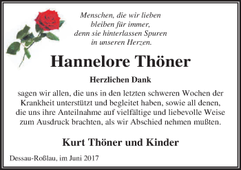 Traueranzeige von Hannelore Thöner von Mitteldeutsche Zeitung Dessau-Roßlau