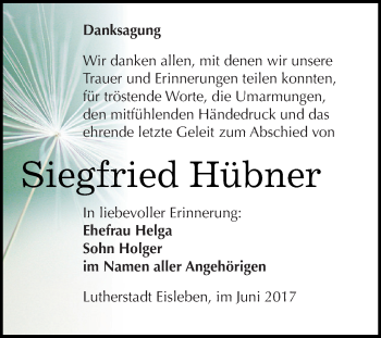 Traueranzeige von Siegfried Hübner von Super Sonntag SGH Mansf. Land