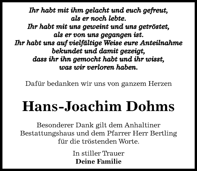  Traueranzeige für Hans-Joachim Dohms vom 03.07.2017 aus Mitteldeutsche Zeitung Dessau-Roßlau