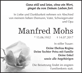 Traueranzeige von Manfred Mohs von WVG - Wochenspiegel Bitterfeld