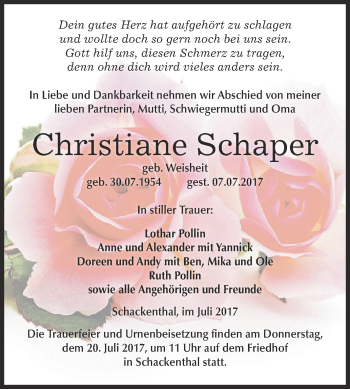 Traueranzeige von Christiane Schaper von Super Sonntag Aschersleben
