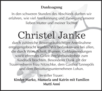 Traueranzeige von Christel Janke von WVG - Wochenspiegel Bitterfeld