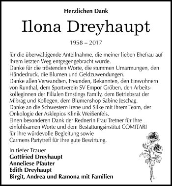 Traueranzeige von Ilona Dreyhaupt von Mitteldeutsche Zeitung Weißenfels