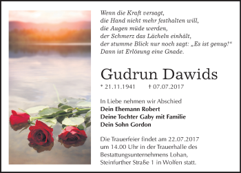 Traueranzeige von Gudrun Dawids von Mitteldeutsche Zeitung Bitterfeld