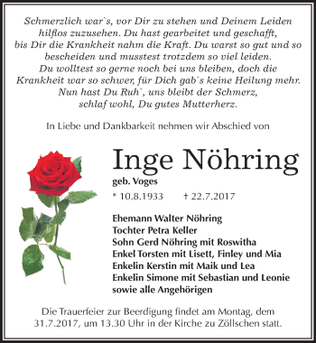 Traueranzeige von Inge Nöhring von Mitteldeutsche Zeitung Merseburg/Querfurt