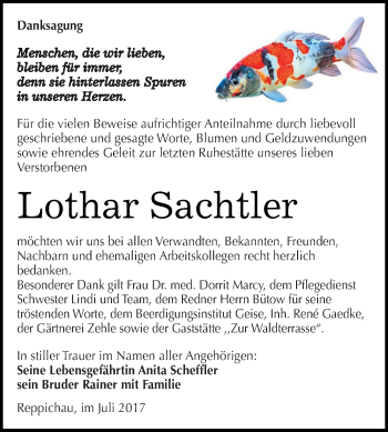 Traueranzeige von Lothar Sachtler von WVG - Wochenspiegel Dessau / Köthen