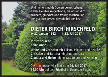 Traueranzeige von Dieter Birch-Hirschfeld von Mitteldeutsche Zeitung Sangerhausen