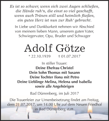 Traueranzeige von Adolf Götze von Super Sonntag Merseburg
