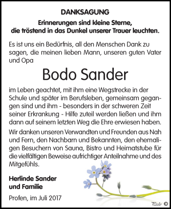 Traueranzeige von Bodo Sander von Super Sonntag Zeitz