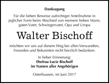Traueranzeige von Walter Bischoff von Mitteldeutsche Zeitung Mansfelder Land