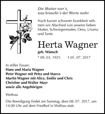 Traueranzeige von Herta Wagner von Mitteldeutsche Zeitung Naumburg/Nebra