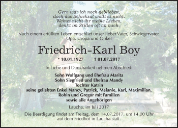 Traueranzeige von Friedrich-Karl Boy von Mitteldeutsche Zeitung Naumburg/Nebra