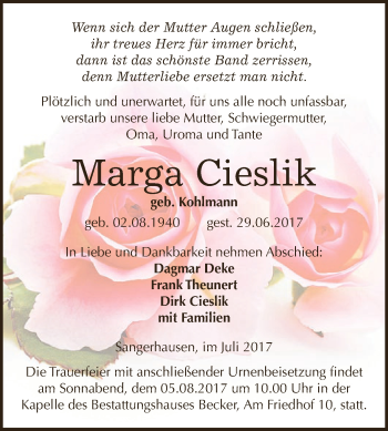 Traueranzeige von Marga Cieslik von Super Sonntag SGH Mansf. Land