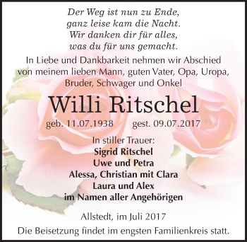 Traueranzeige von Willi Ritschel von Mitteldeutsche Zeitung Sangerhausen