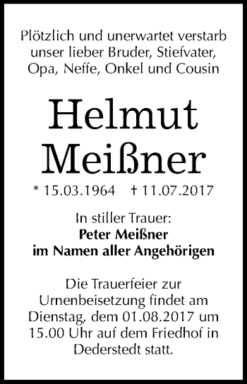 Traueranzeige von Helmut Meißner von Mitteldeutsche Zeitung Mansfelder Land