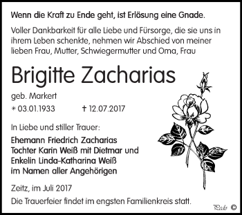 Traueranzeige von Brigitte Zacharias von Super Sonntag Zeitz