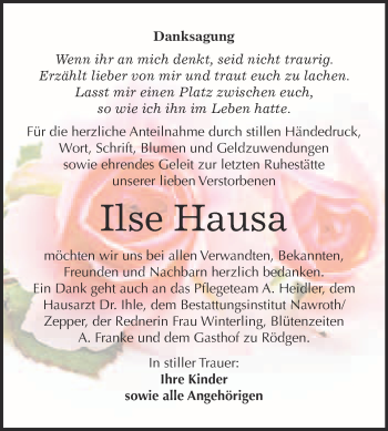 Traueranzeige von Ilse Hausa von WVG - Wochenspiegel Bitterfeld