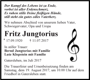 Traueranzeige von Fritz Jungtorius von Super Sonntag Aschersleben