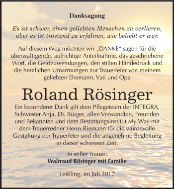 Traueranzeige von Roland Rösinger von Mitteldeutsche Zeitung Weißenfels