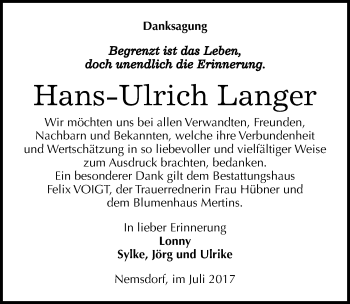 Traueranzeige von Hans-Ulrich Langer von Mitteldeutsche Zeitung Merseburg/Querfurt