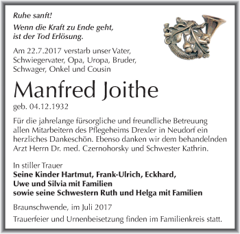 Traueranzeige von Manfred Joithe von Mitteldeutsche Zeitung Mansfelder Land