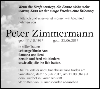 Traueranzeige von Peter Zimmermann von Super Sonntag SGH Mansf. Land