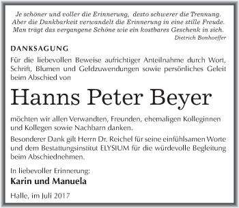 Traueranzeige von Hanns Peter Beyer von Mitteldeutsche Zeitung Halle/Saalkreis