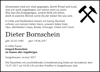 Traueranzeige von Dieter Bornschein von Mitteldeutsche Zeitung Sangerhausen