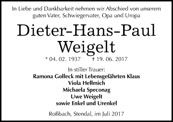 Traueranzeige von Dieter-Hans-Paul Weigelt von Mitteldeutsche Zeitung Naumburg/Nebra