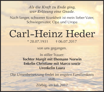 Traueranzeige von Carl Heinz Heder von WVG - Wochenspiegel Bitterfeld