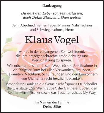 Traueranzeige von Klaus Vogel von Mitteldeutsche Zeitung Weißenfels