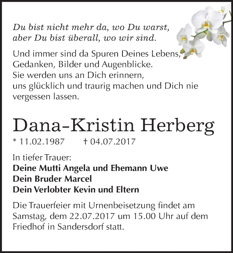  Traueranzeige für Dana-Kristin Herberg vom 15.07.2017 aus Mitteldeutsche Zeitung Bitterfeld