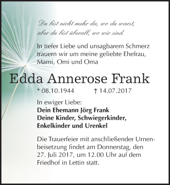 Traueranzeige von Edda Annerose Frank von Mitteldeutsche Zeitung Halle/Saalkreis