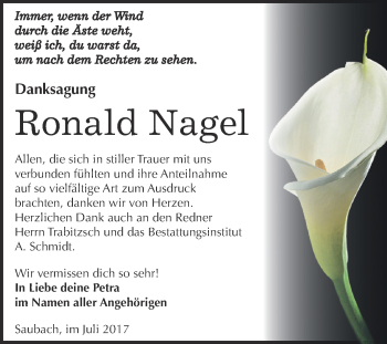 Traueranzeige von Ronald Nagel von WVG - Wochenspiegel NMB / WSF / ZTZ