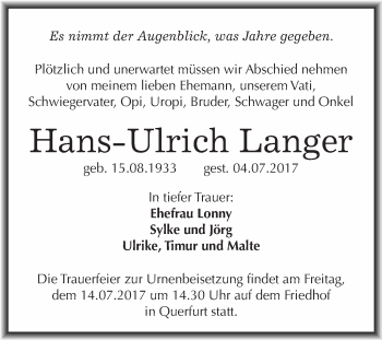 Traueranzeige von Hans-Ulrich Langer von WVG - Wochenspiegel Merseburg