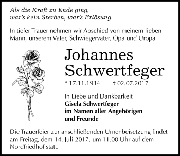 Traueranzeige von Johannes Schwertfeger von Mitteldeutsche Zeitung Halle/Saalkreis