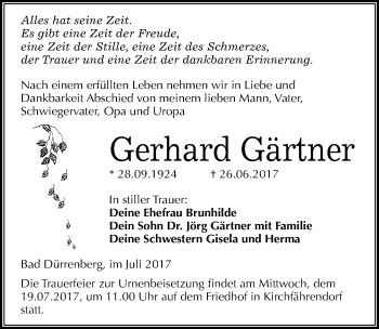 Traueranzeige von Gerhard Gärtner von Mitteldeutsche Zeitung Merseburg/Querfurt