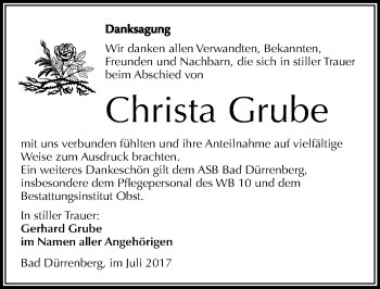 Traueranzeige von Christa Grube von Mitteldeutsche Zeitung Merseburg/Querfurt