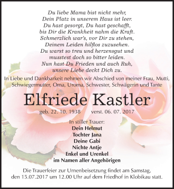 Traueranzeige von Elfriede Kastler von Mitteldeutsche Zeitung Merseburg/Querfurt