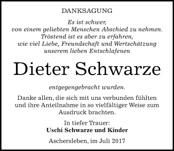 Traueranzeige von Dieter Schwarze von Mitteldeutsche Zeitung Aschersleben