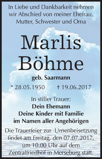 Traueranzeige von Marlis Böhme von Mitteldeutsche Zeitung Merseburg/Querfurt