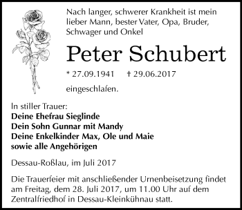 Traueranzeige von Peter Schubert von Mitteldeutsche Zeitung Dessau-Roßlau