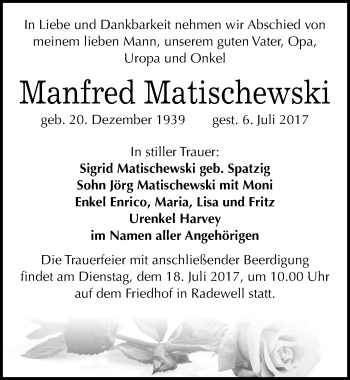 Traueranzeige von Manfred Matischewski von Mitteldeutsche Zeitung Halle/Saalkreis