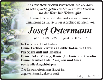Traueranzeige von Josef Ostermann von Super Sonntag Quedlinburg