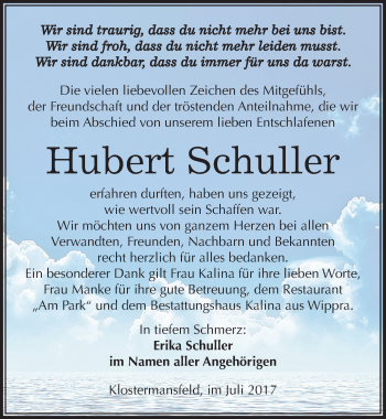 Traueranzeige von Hubert Schuller von Mitteldeutsche Zeitung Mansfelder Land