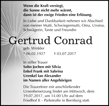Traueranzeige von Gertrud Conrad von Mitteldeutsche Zeitung Bernburg