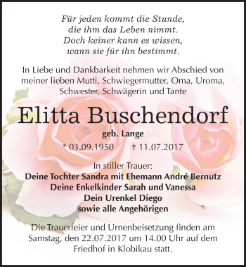 Traueranzeige von Elitta Buschendorf von Mitteldeutsche Zeitung Merseburg/Querfurt