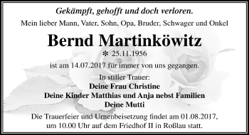 Traueranzeige von Bernd Martinköwitz von Mitteldeutsche Zeitung Dessau-Roßlau