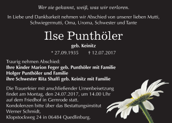 Traueranzeige von Ilse Punthöler von Mitteldeutsche Zeitung Quedlinburg