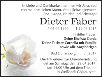 Traueranzeige von Dieter Faber von Mitteldeutsche Zeitung Merseburg/Querfurt